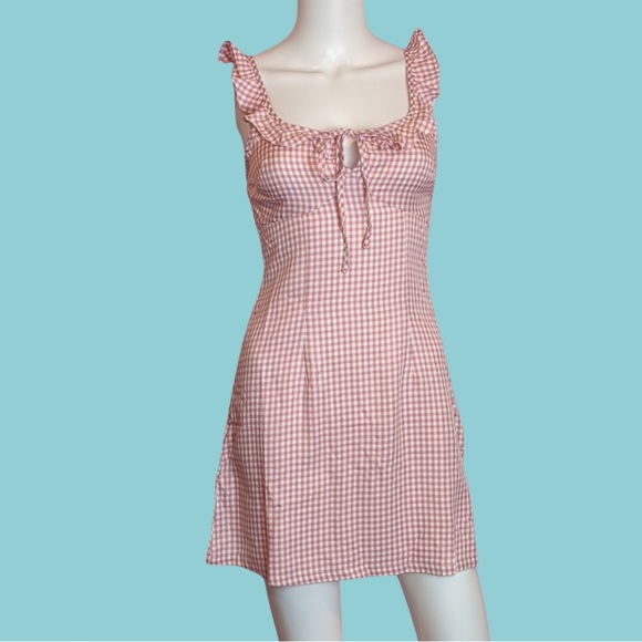 Nasty Gal Dresses & Skirts - Nasty Gal Gingham Frill Neckline Barbie Core Mini Dress in Pink and White size 0